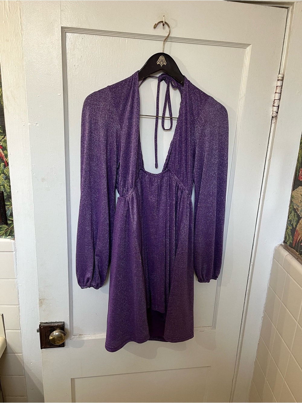 Lalavon Purple Metallic Shimmer Halter Neck Balloon Sleeve Mini Dress Medium EUC